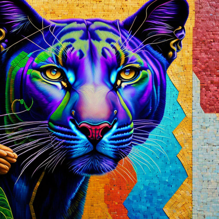 Multicolored tiger face street art on textured wall