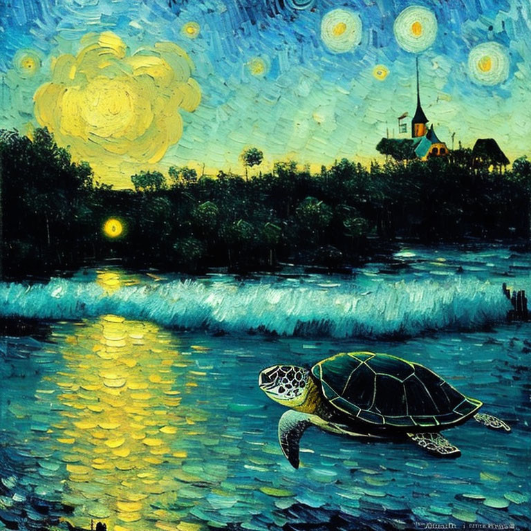 Impressionist painting of sea turtle under starry night sky
