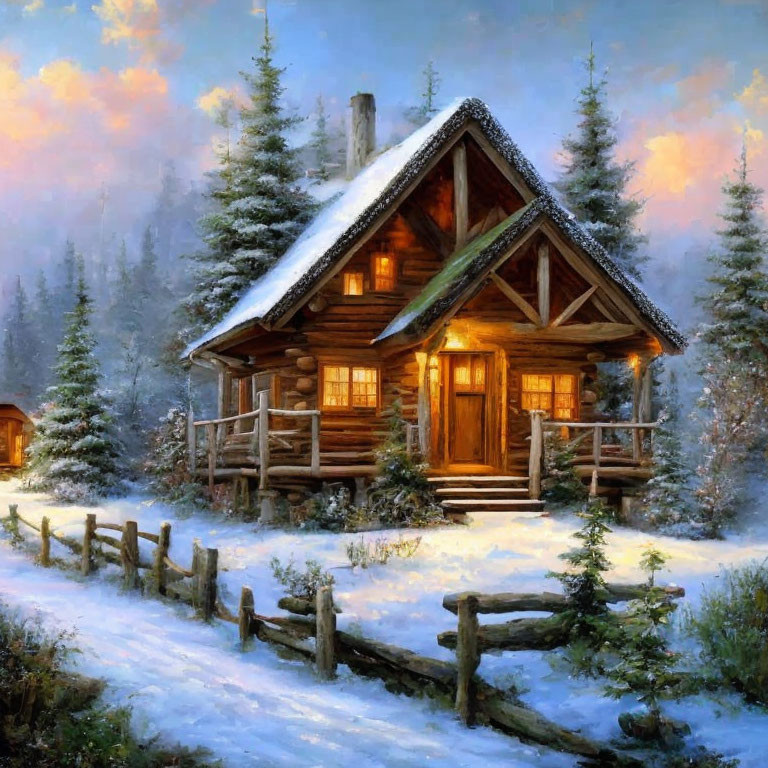 Snowy landscape with cozy log cabin and pine trees