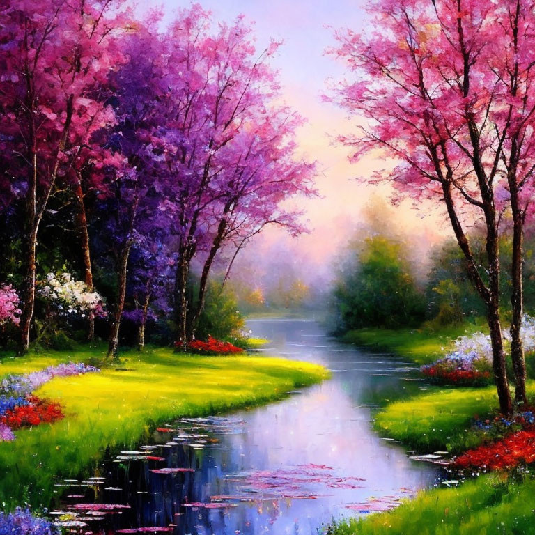 Colorful Landscape Painting: Tranquil River & Vibrant Nature