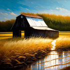 Rustic Wooden Barn in Golden Field with Vibrant Sky