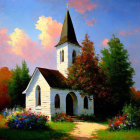 Colorful painting of church under starry night with celestial swirls