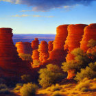 Desert landscape painting with red rock formations at sunset