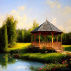 Tranquil garden with wooden gazebo, pond, lush greenery, blooming flowers at sunset