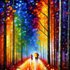 Colorful Autumn Forest Painting with Three People Walking