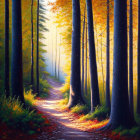 Tranquil forest scene with winding path and autumn foliage
