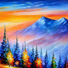 Colorful Mountain Range Painting with Autumn Forest