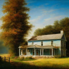 Tranquil painting: White house with porch in lush landscape