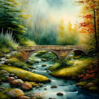 Tranquil autumn landscape with river, trees, stone path, wooden bridge
