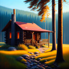 Scenic painting of log cabin in forest with golden light and stone path