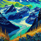 Colorful Mountain Landscape Painting with Blue Peaks, Swirling Sky, and River in Pine Forest