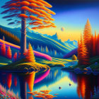 Colorful Landscape with Glowing Tree and Neon Hills at Twilight