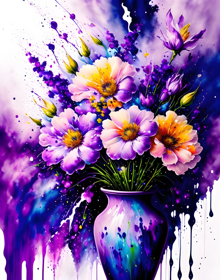 Colorful digital artwork: Vibrant flowers in pink, yellow, and purple on a dynamic purple background