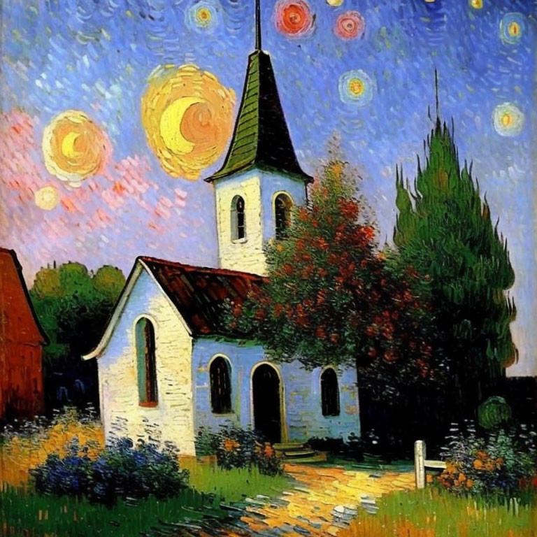 Colorful painting of church under starry night with celestial swirls