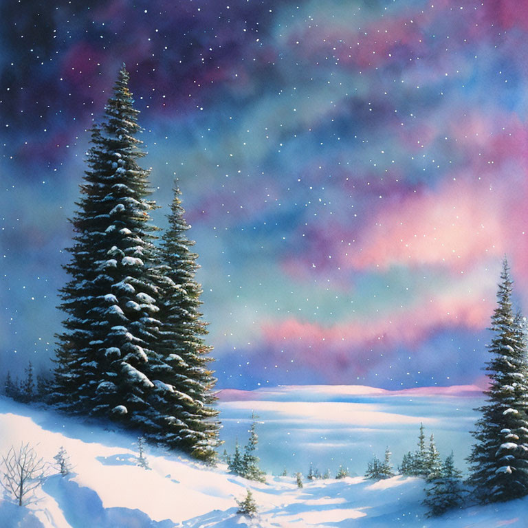 Snowy Night Landscape with Evergreen Trees and Starry Sky