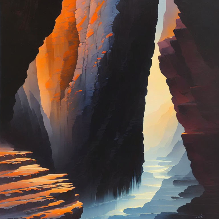 Vivid Canyon Painting: Orange and Purple Walls Reflecting Sunset Light