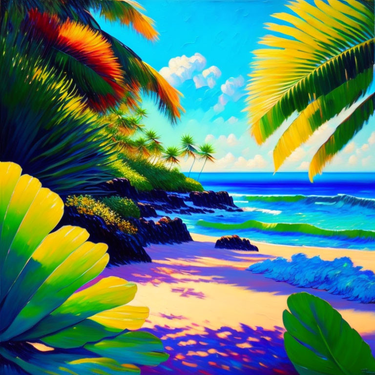Tropical Beach Scene with Palm Fronds, Azure Sea, and Rocky Shoreline