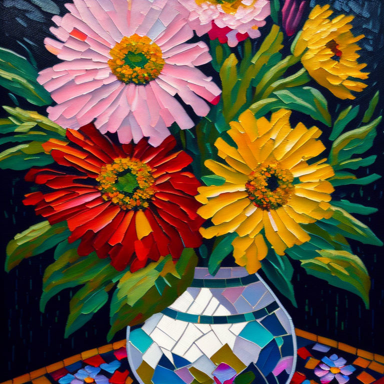 Vibrant Flower Bouquet in Mosaic Vase on Dark Background