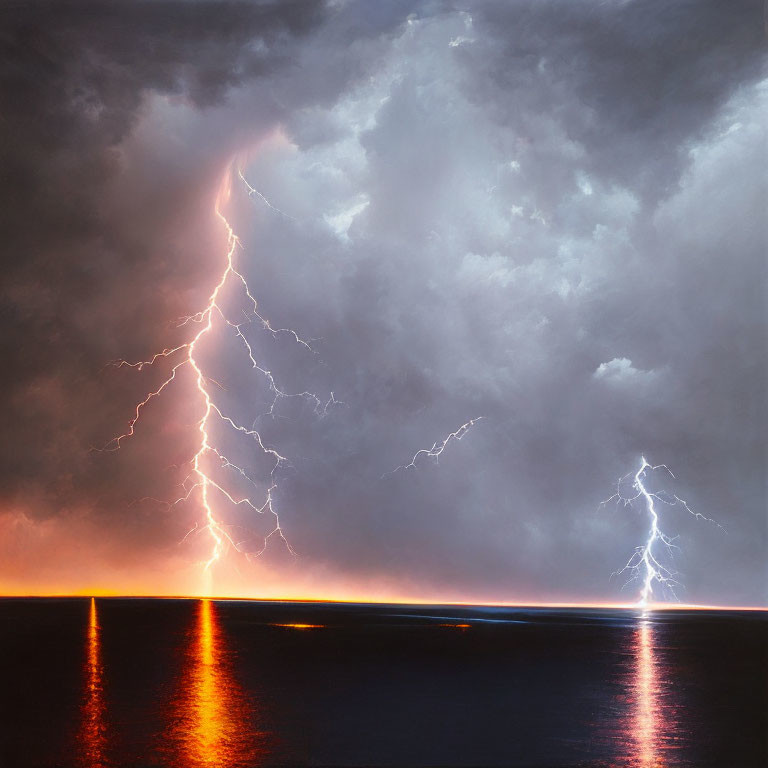 Thunderstorm Lightning Bolts Over Water Reflecting