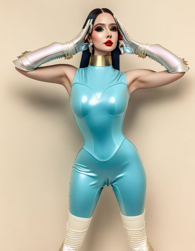 Woman in Dramatic Pose in Blue Bodysuit with Red Lipstick