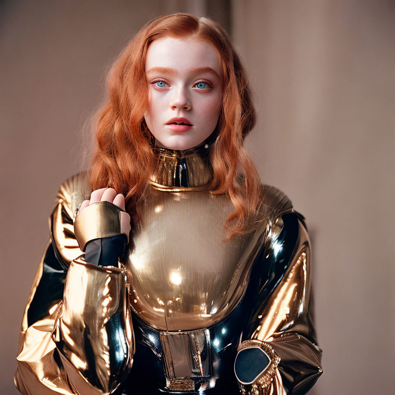 Red-haired woman in futuristic golden armor with high-neck collar