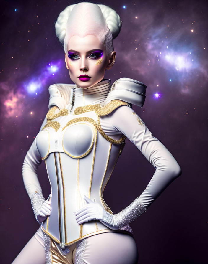 Futuristic woman in white and gold bodysuit against cosmic backdrop