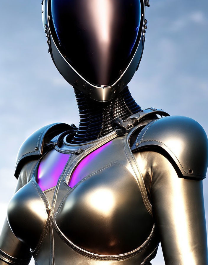 Futuristic robot with black head and metallic body on blue sky background