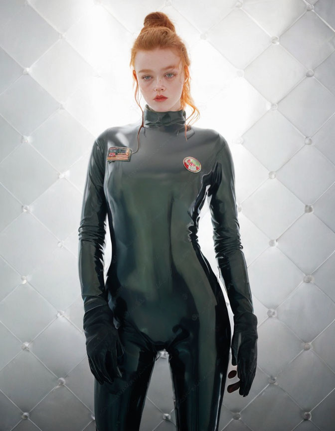Person in Dark Jumpsuit with Patches Poses Against Geometric Backdrop