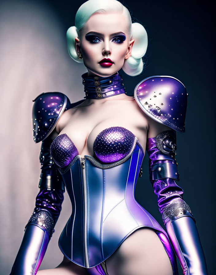 White-haired female in futuristic armor on dark background