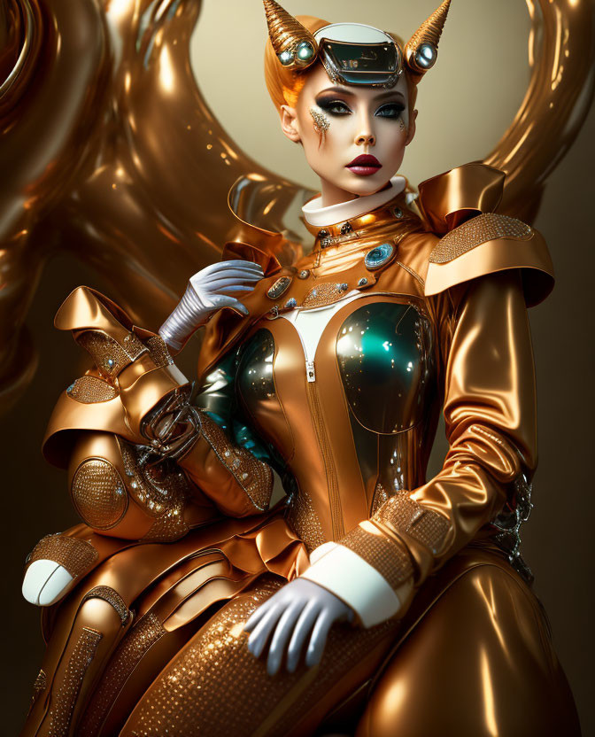 Futuristic female figure in shiny golden armor and intricate details