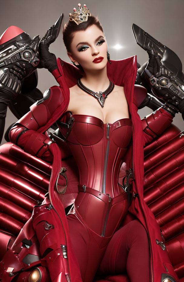Regal woman in red and metallic costume with crown and robotic arms