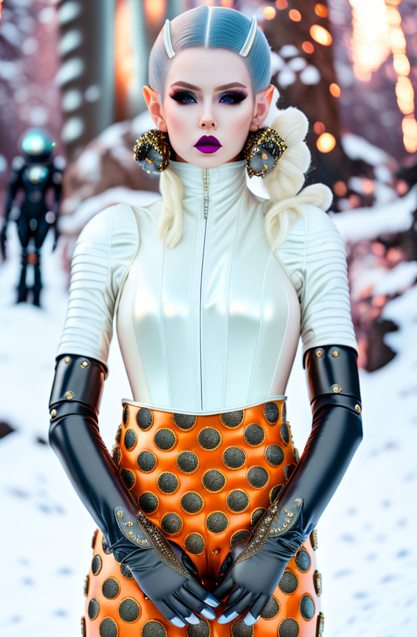 Futuristic woman with pointed ears in snowy landscape wearing white and orange bodysuit