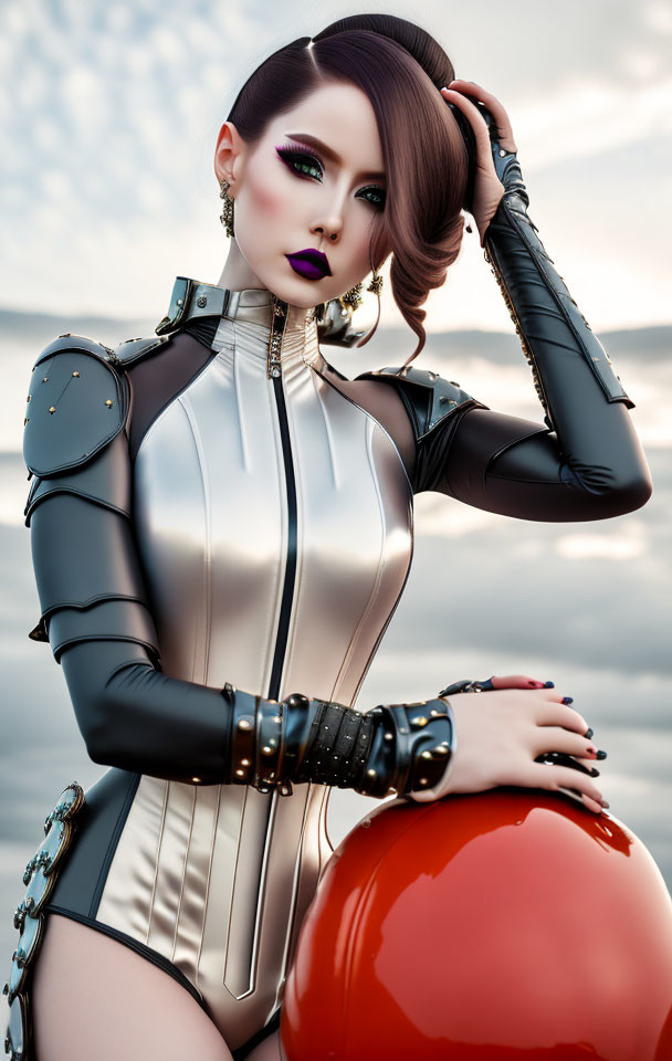 Futuristic woman in silver and black bodysuit with shoulder armor posing confidently