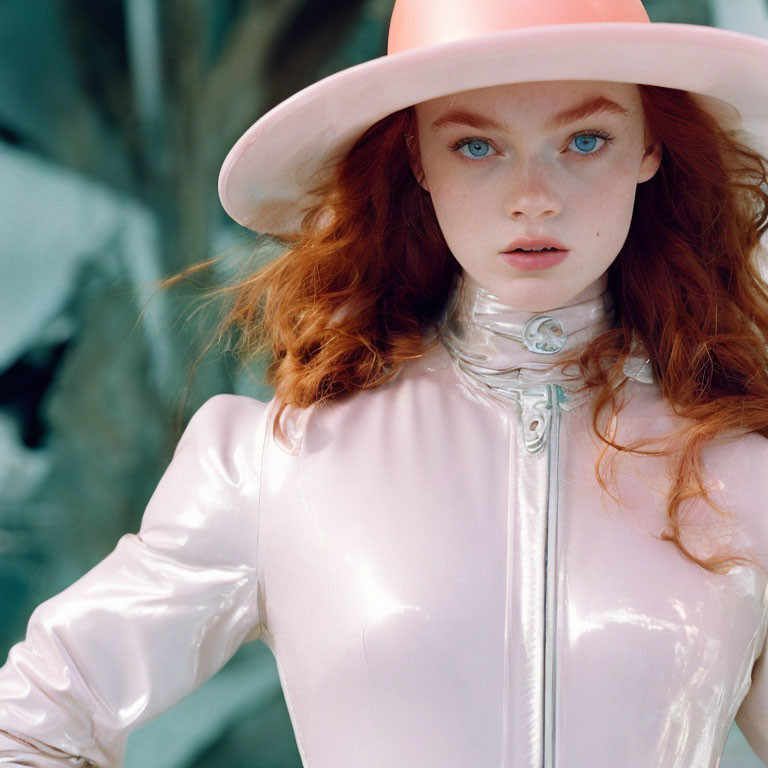 Red-haired person in pink hat and white outfit with blue eyes.