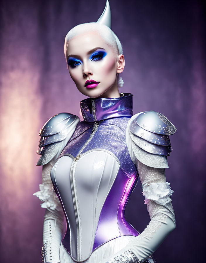 Futuristic white and silver costume with bold makeup on purple backdrop