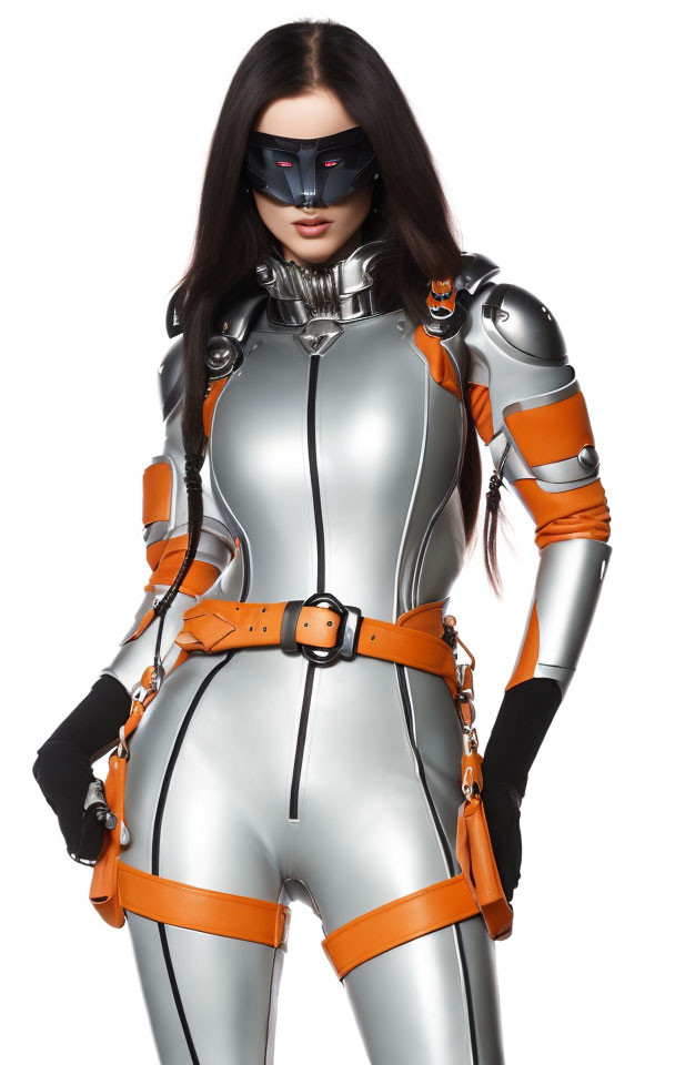 Futuristic woman in silver and orange bodysuit with black visor