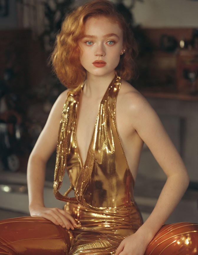Red-Haired Person in Gold Halterneck Top and Trousers Seated in Elegant Pose