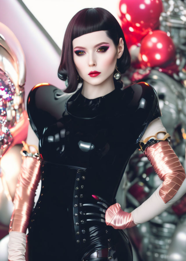 Stylized female figure in futuristic black outfit with metallic accents