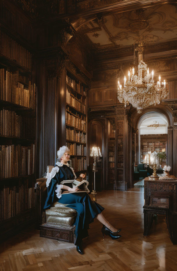 Elegant woman in vintage library with bookshelves and chandelier