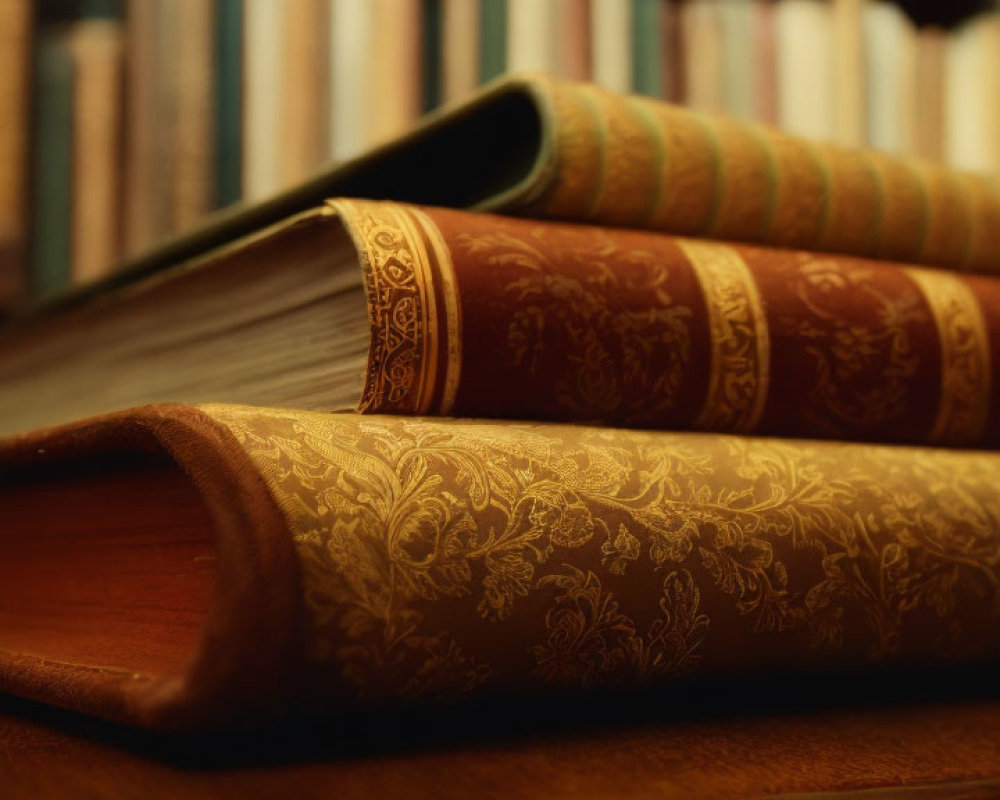 Stack of Ornate Antique Books on Wooden Surface with Blurred Bookshelves