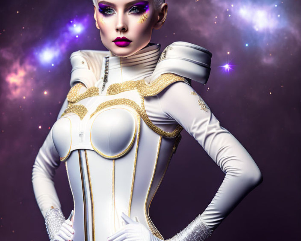 Futuristic woman in white and gold bodysuit against cosmic backdrop