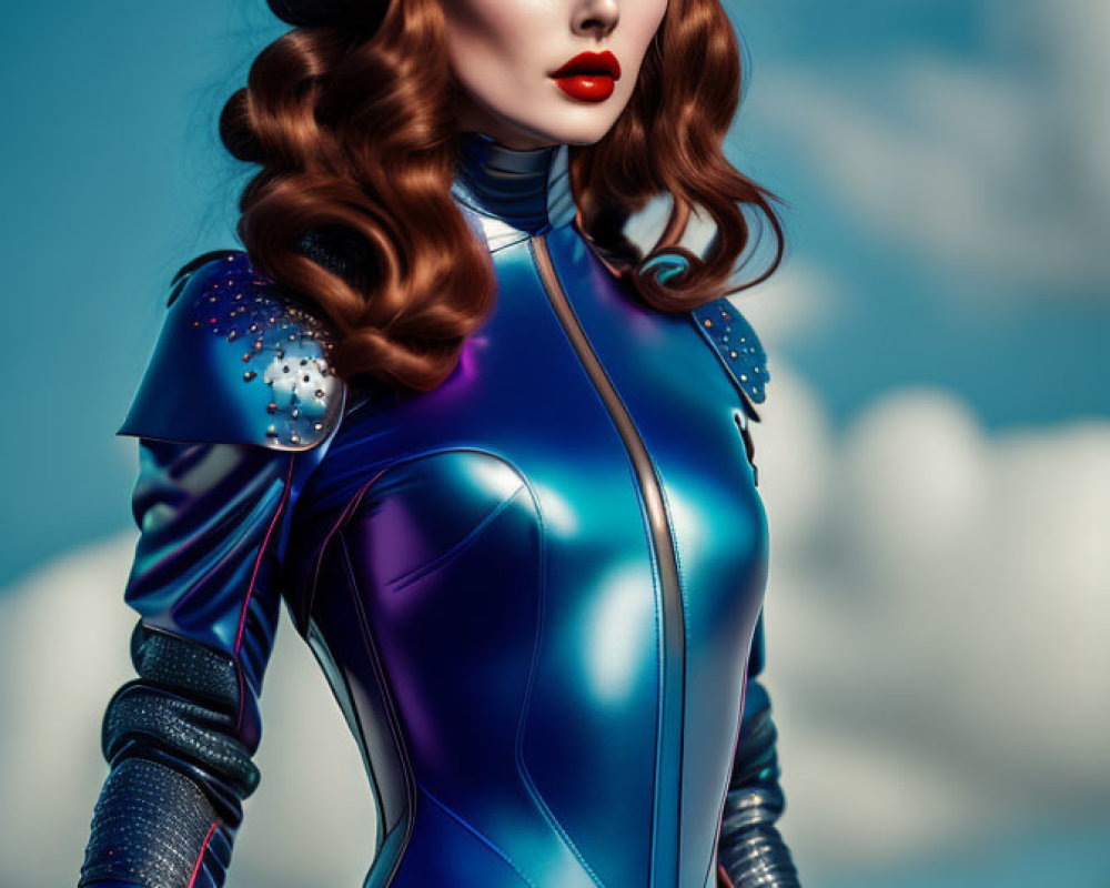 Futuristic woman in metallic blue bodysuit and elegant makeup