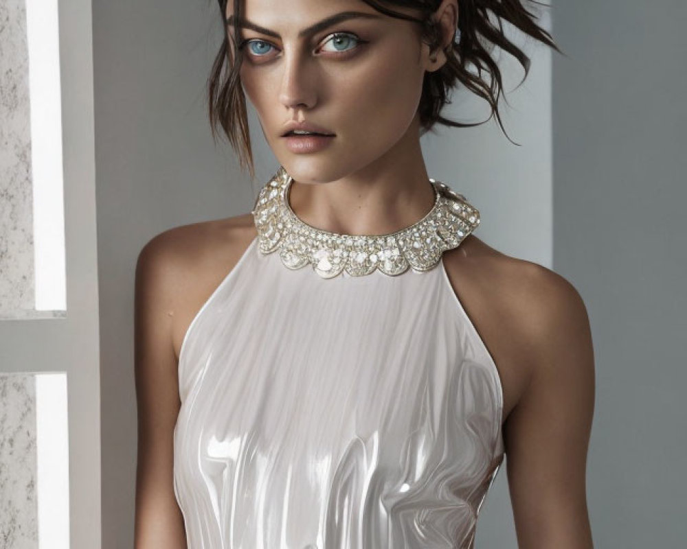 Tousled hair woman in white high-neck outfit with ornate necklace