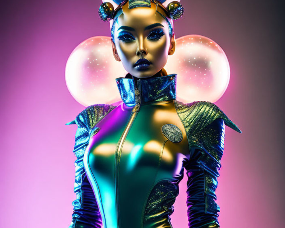 Futuristic woman with cosmic-themed makeup and attire in galaxy-filled headdress.