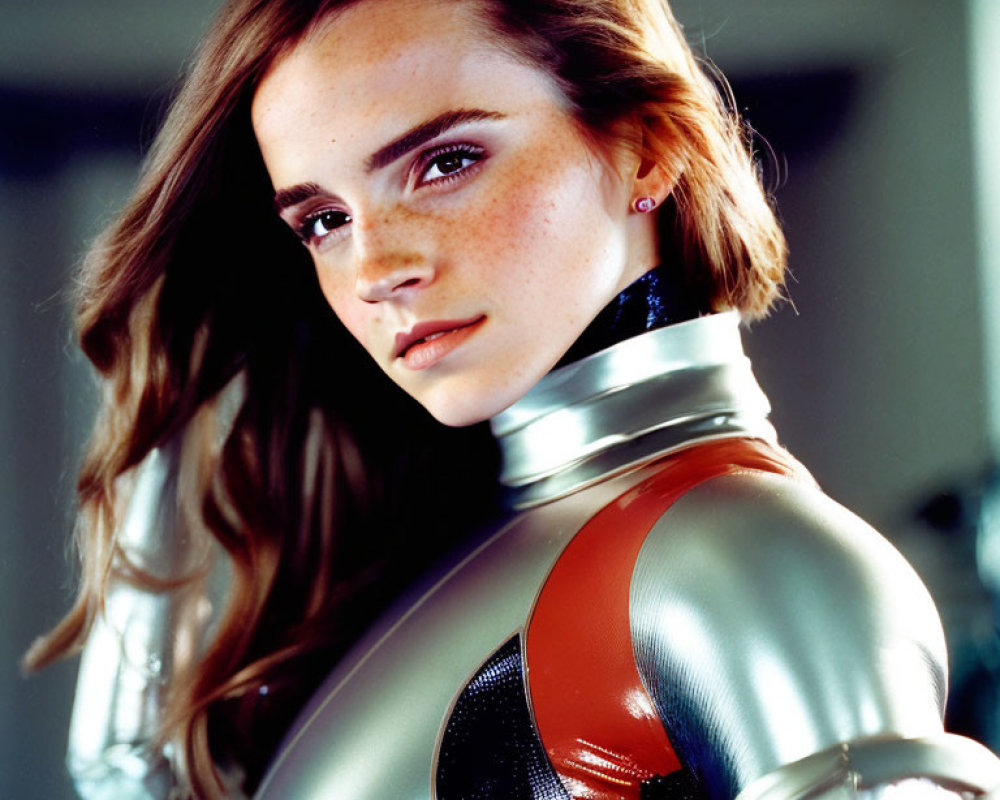 Freckled woman in futuristic metallic outfit with red and silver accents
