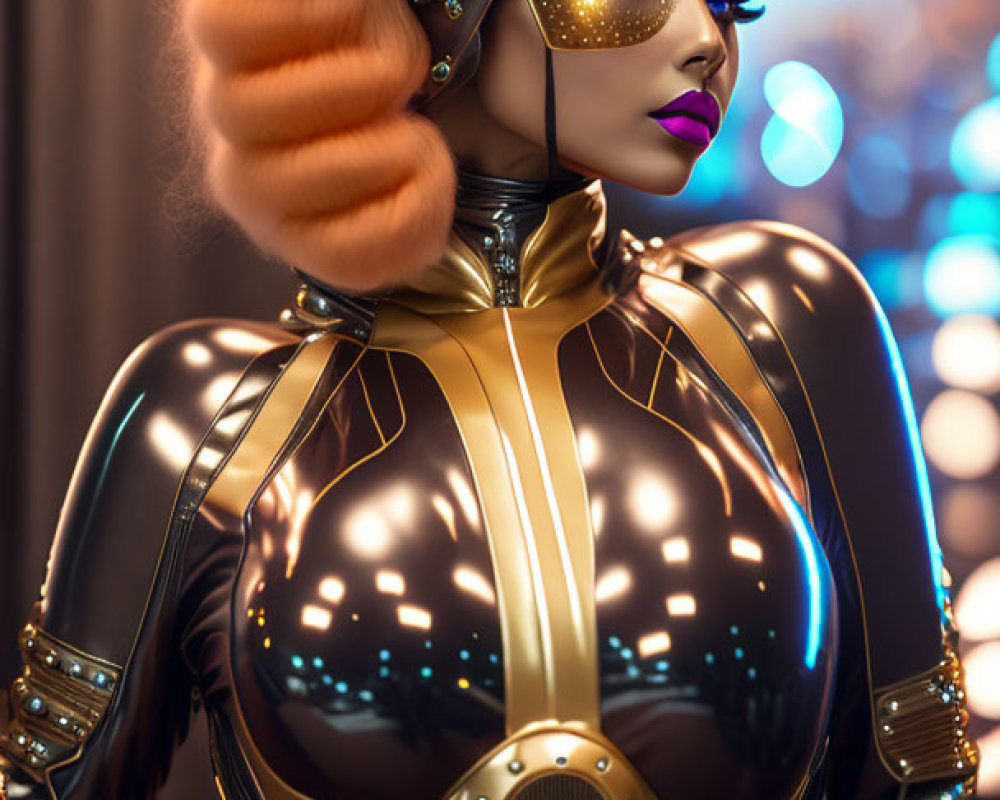 Futuristic black and gold latex suit portrait with avant-garde helmet and goggles