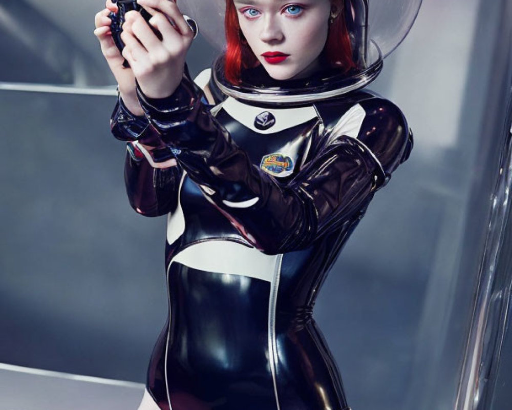 Futuristic woman in space outfit with blaster gun on metallic background