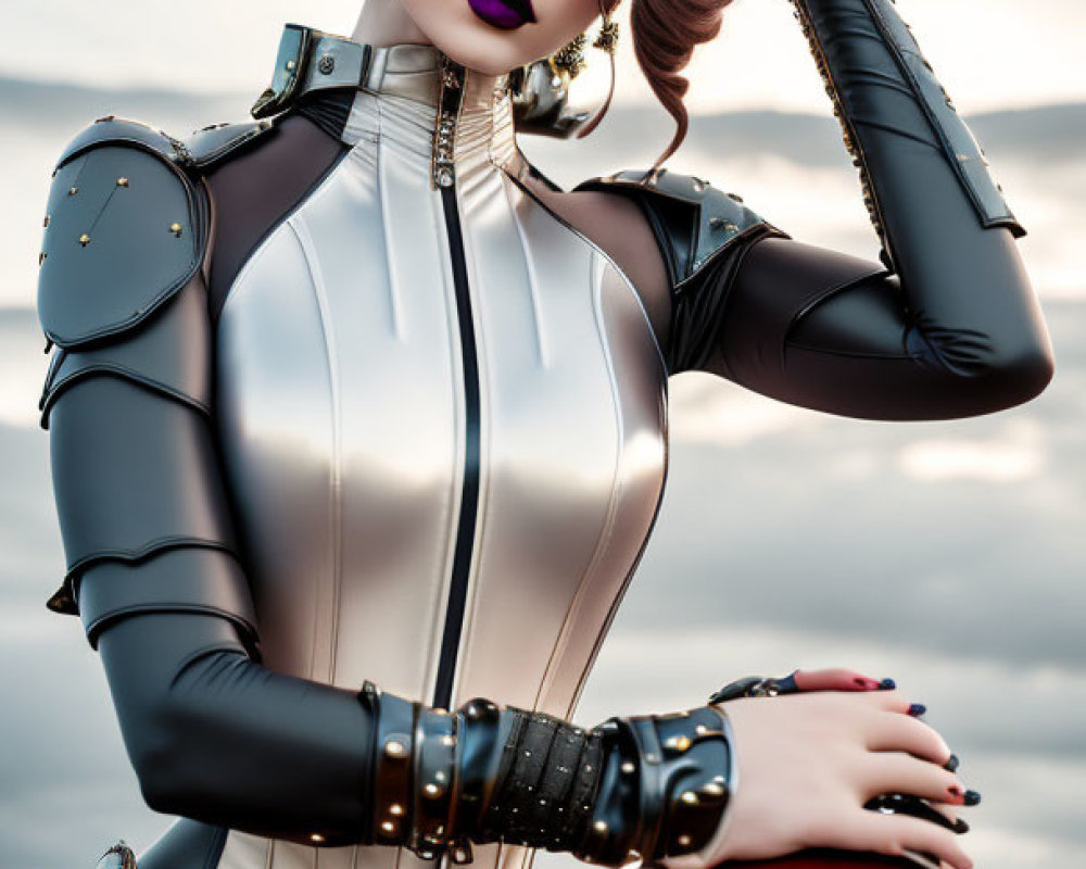 Futuristic woman in silver and black bodysuit with shoulder armor posing confidently