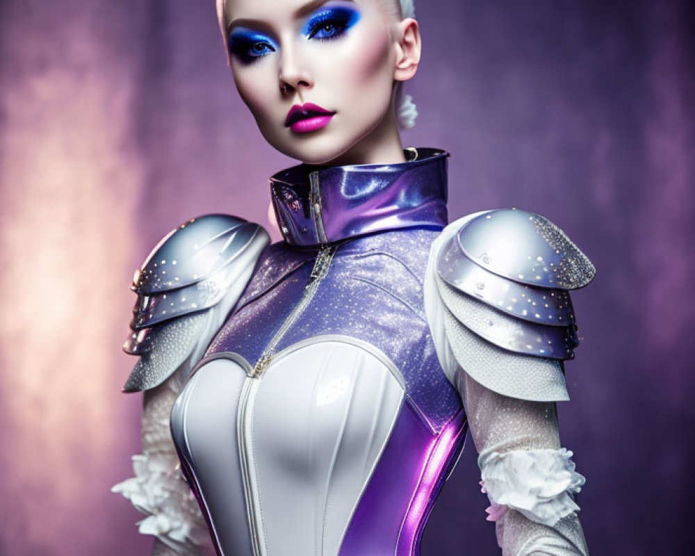 Futuristic white and silver costume with bold makeup on purple backdrop