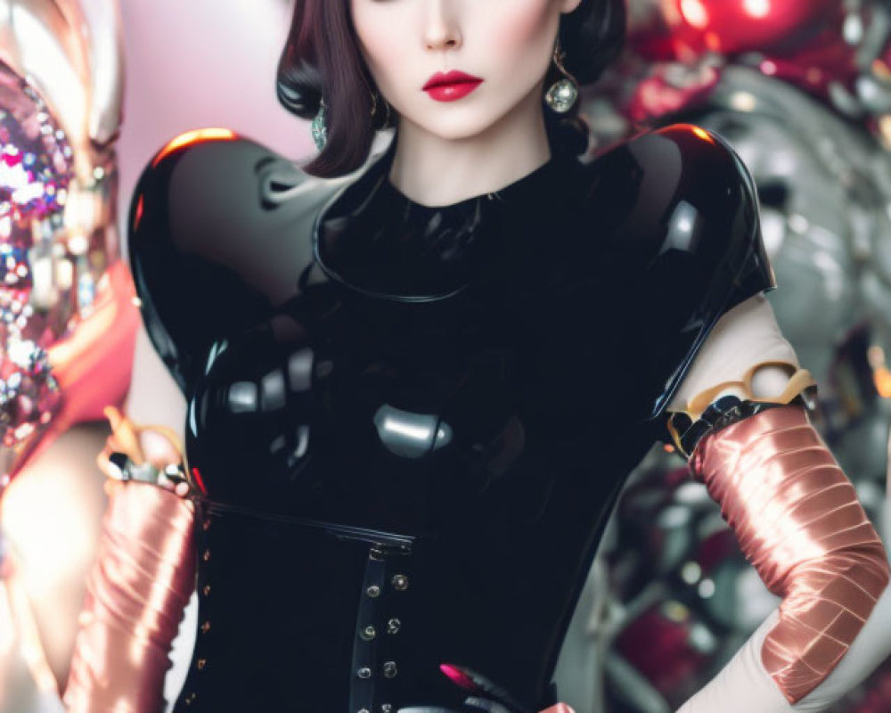 Stylized female figure in futuristic black outfit with metallic accents